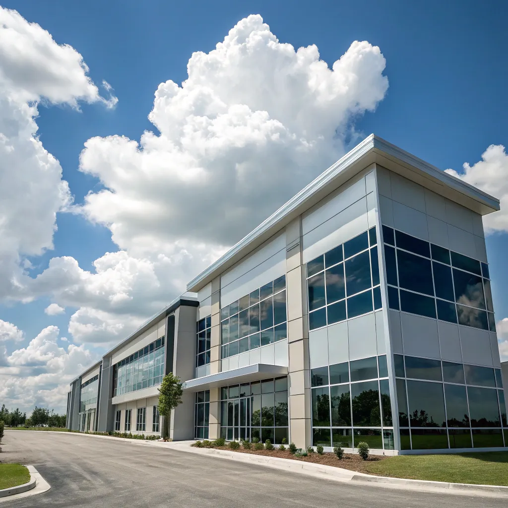 Company building exterior view under a clear sky
