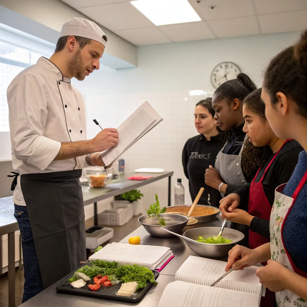 Chef demonstrating a cooking technique to students